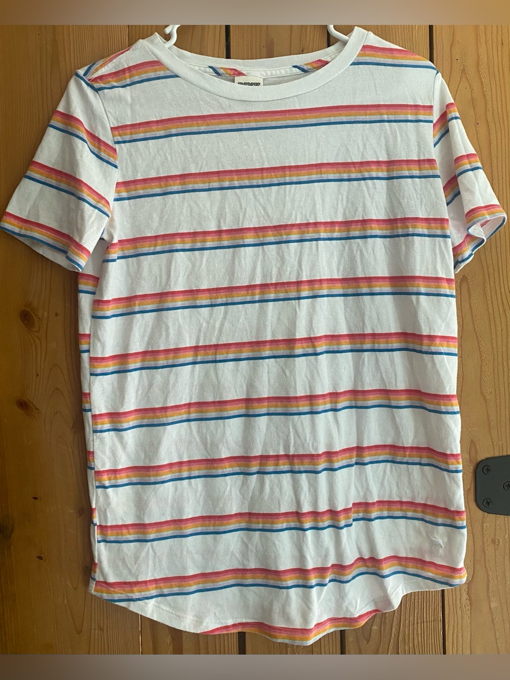 PINK Victoria's Secret White Short Sleeve Rainbow Stripes Tee
